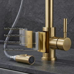 FIVET Brushed Gold Kitchen Mixer Tap – Pull-Out Spray Sink Faucet with Swivel Spout