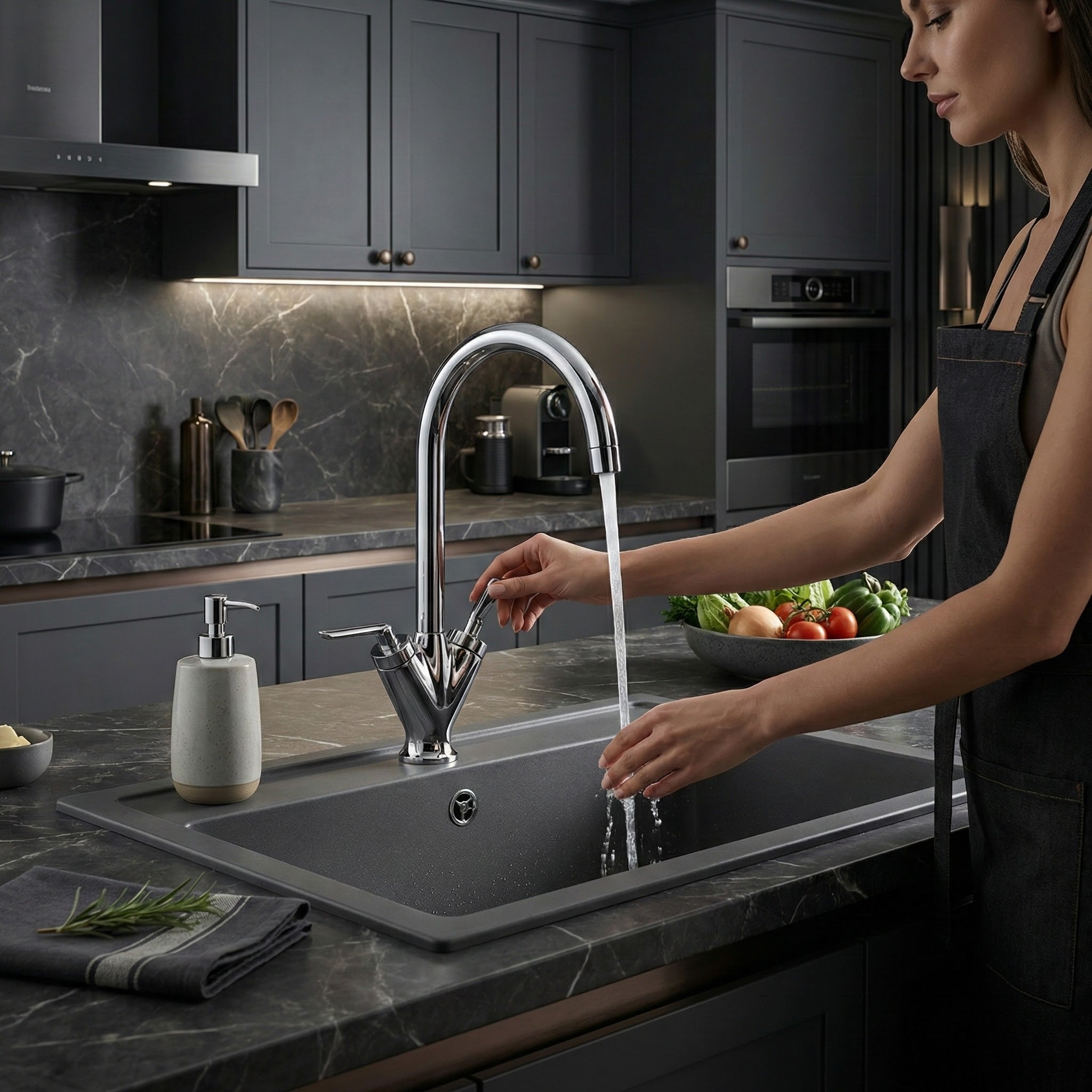 FIVET Chrome Kitchen Mixer Tap – Dual Lever Sink Faucet with Swivel Spout
