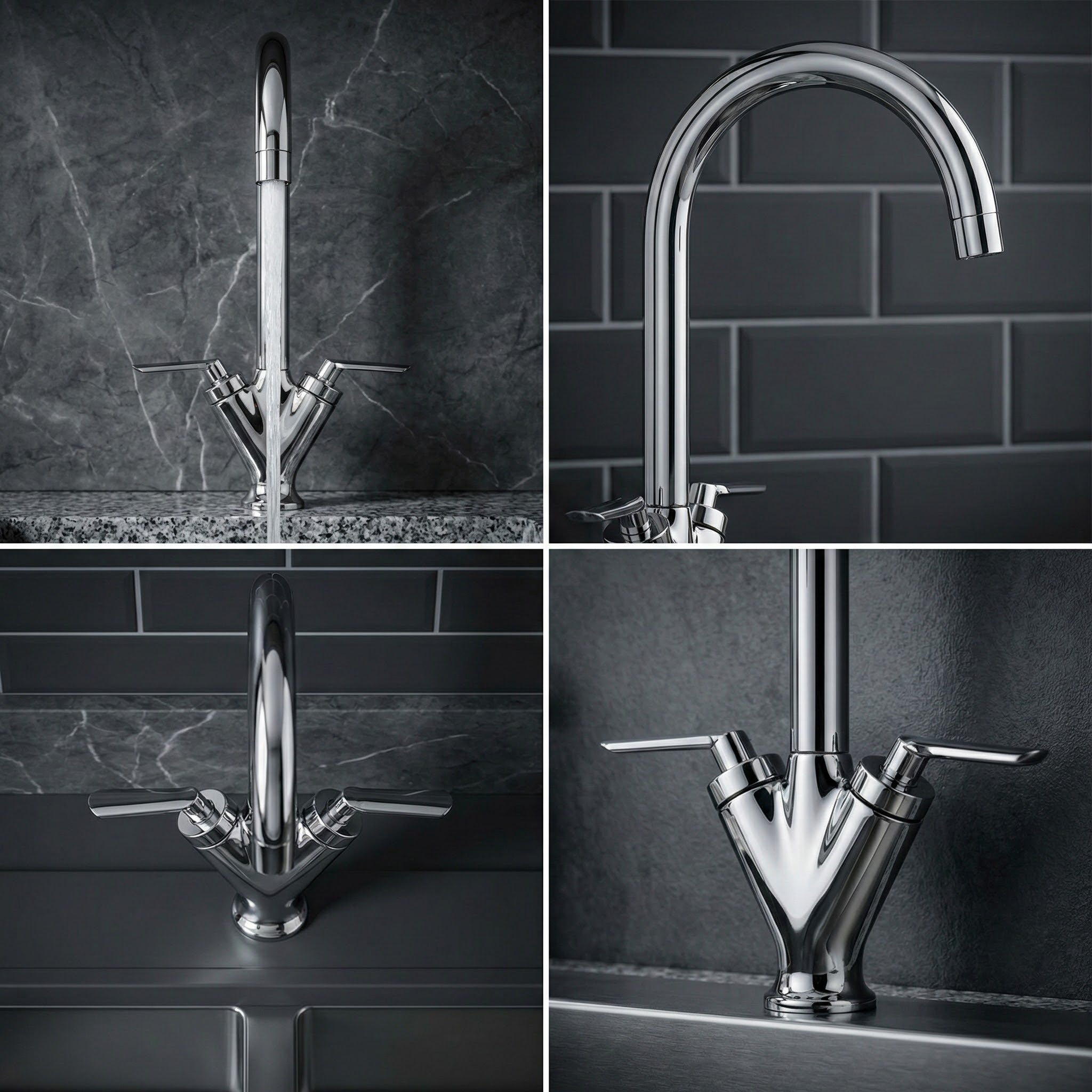FIVET Chrome Kitchen Mixer Tap – Dual Lever Sink Faucet with Swivel Spout