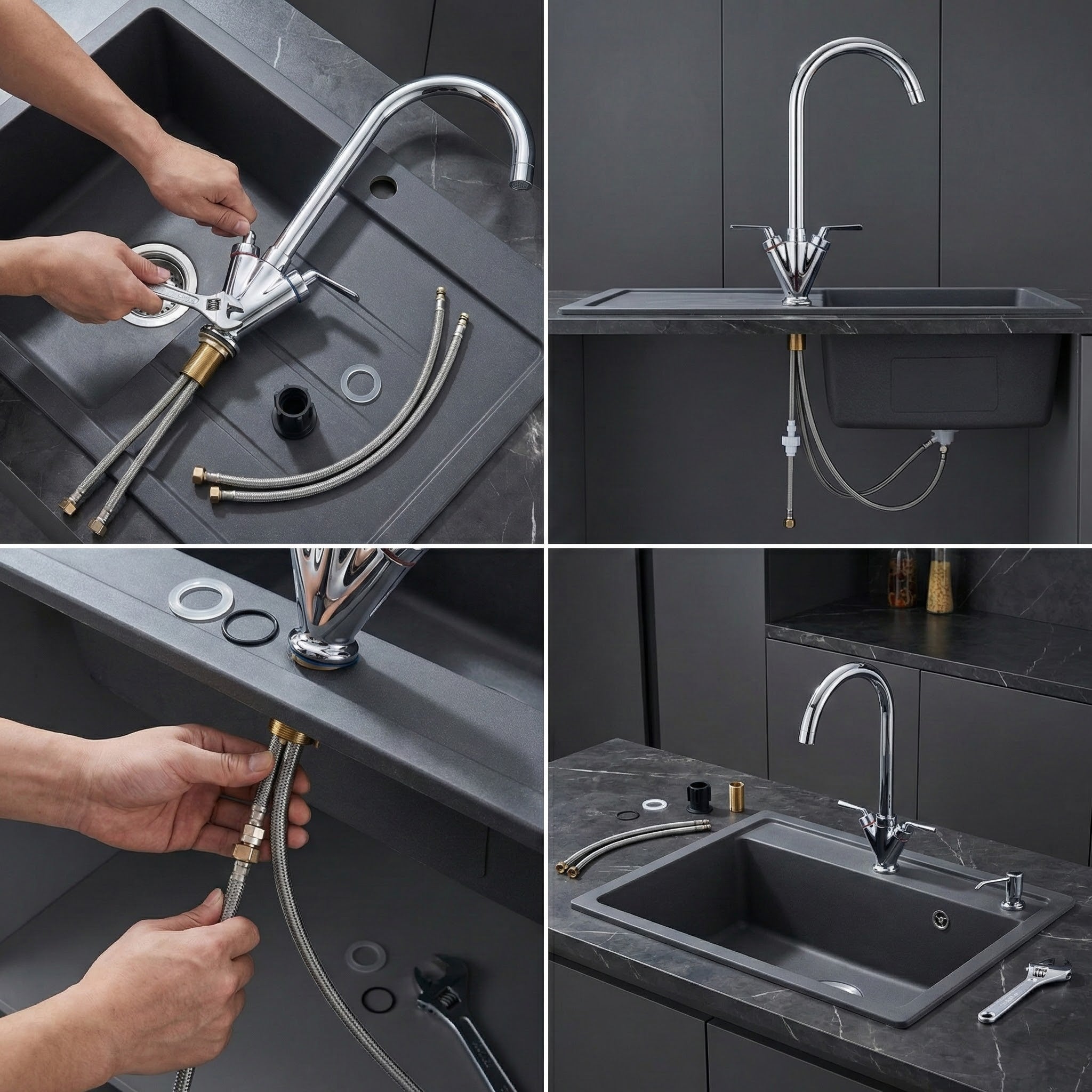 FIVET Chrome Kitchen Mixer Tap – Dual Lever Sink Faucet with Swivel Spout