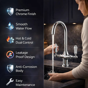 FIVET Chrome Kitchen Mixer Tap with 360° Swivel Spout – Twin Lever Sink Faucet