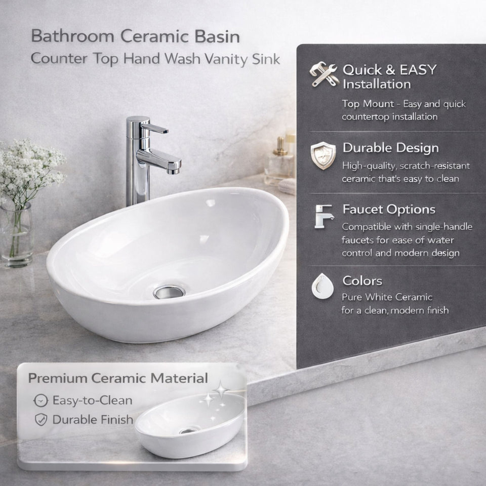 FIVET Ceramic Bathroom Basin – White 410x335mm Countertop Vessel Sink