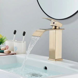 FIVET Square Waterfall Basin Mixer Tap – Brushed Gold Single Lever Sink Faucet