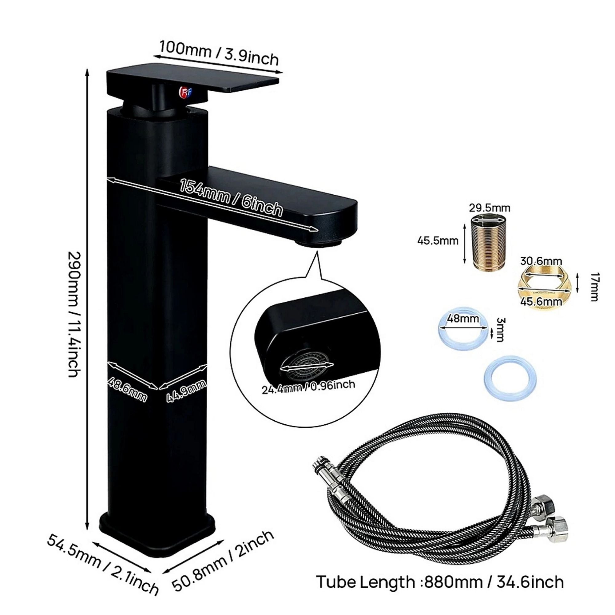 FIVET Matte Black Tall Basin Mixer Tap – 30cm High Rise Sink Faucet
