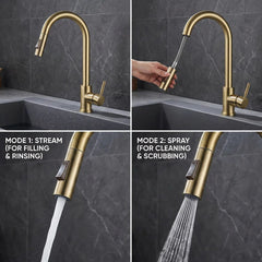 FIVET Brushed Gold Kitchen Mixer Tap – Pull-Out Spray Sink Faucet with Swivel Spout