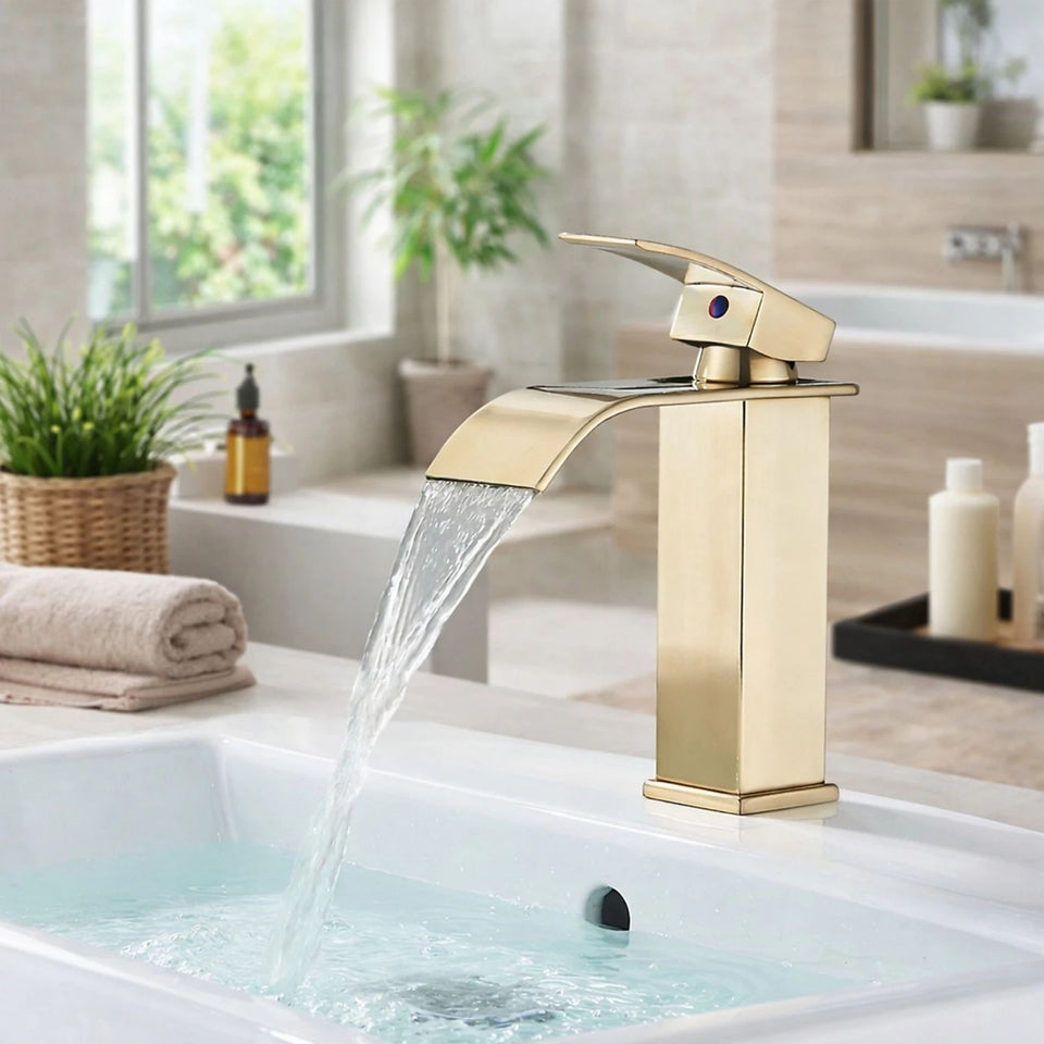 FIVET Square Waterfall Basin Mixer Tap – Brushed Gold Single Lever Sink Faucet