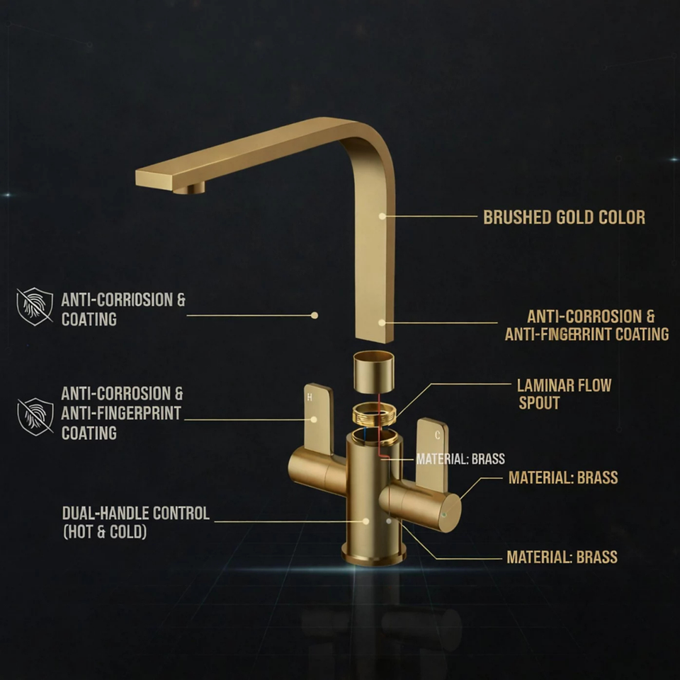 FIVET Kitchen Mixer Tap Brushed Brass – Dual Handle High Arc Rotating Sink Faucet