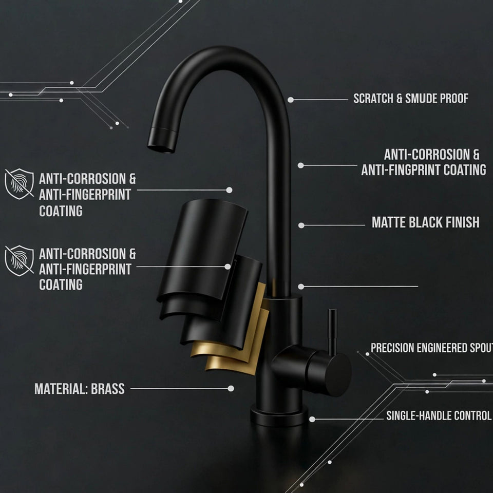 FIVET 1 Hole Kitchen Mixer Tap – Matte Black High Arc Swivel Basin Faucet