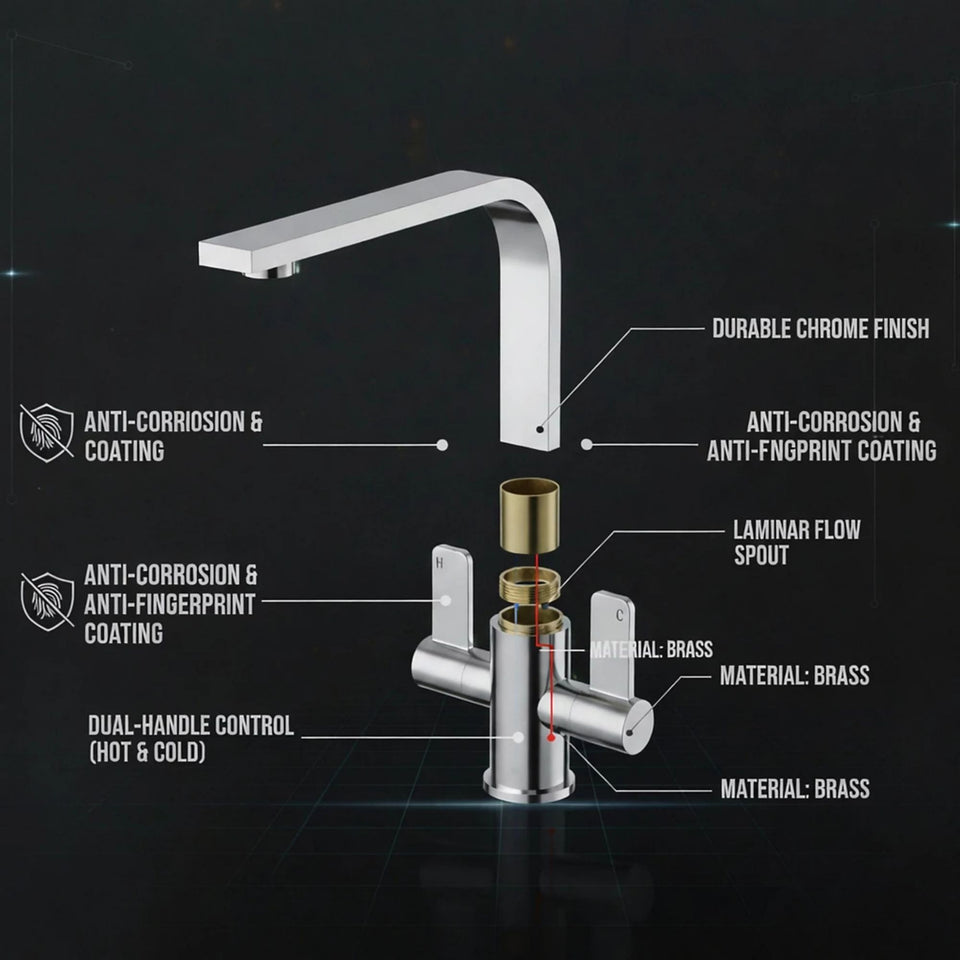FIVET Kitchen Mixer Tap Brushed Steel – Dual Handle High Arc Rotating Sink Faucet
