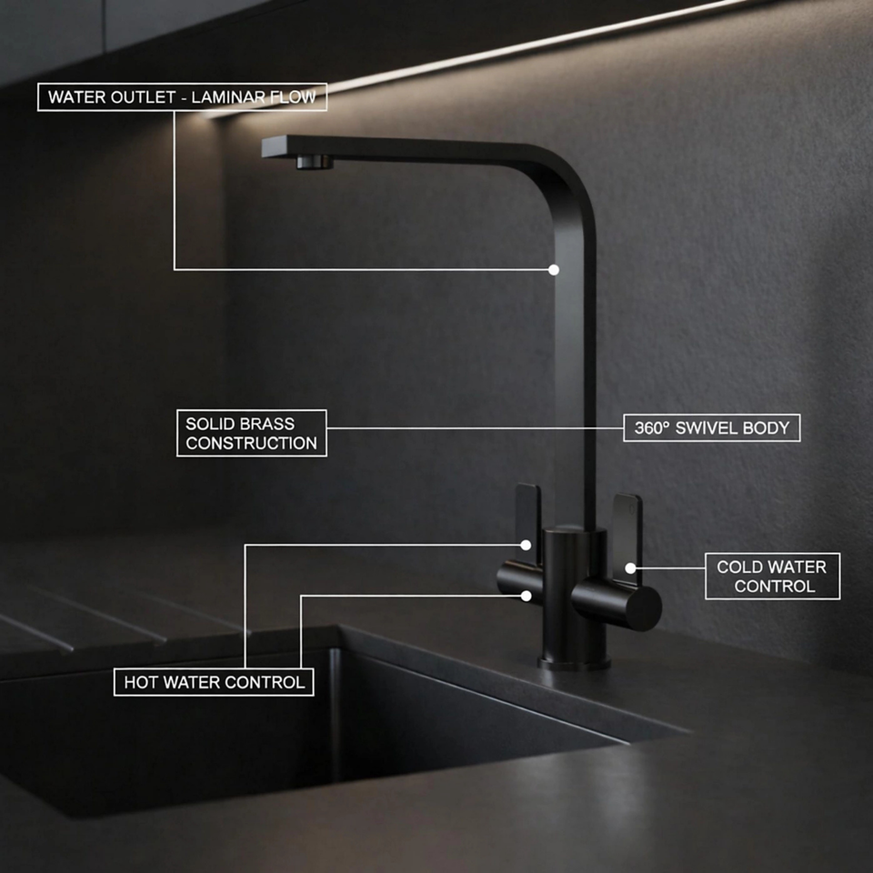 FIVET Kitchen Mixer Tap Black – Dual Handle High Arc Rotating Sink Faucet