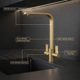 FIVET Kitchen Mixer Tap Brushed Brass – Dual Handle High Arc Rotating Sink Faucet