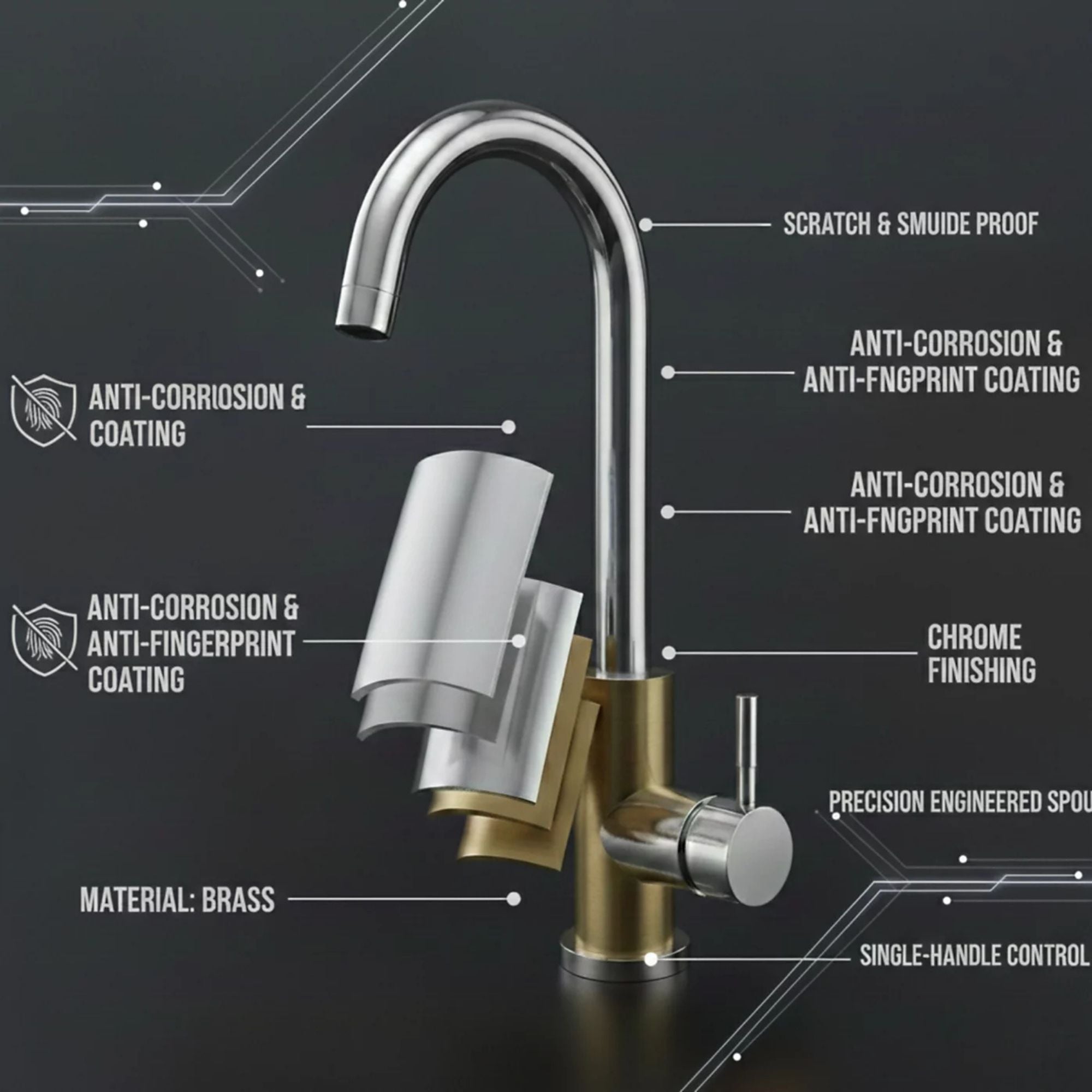 FIVET 1 Hole Kitchen Mixer Tap – Chrome High Arc Swivel Basin Faucet