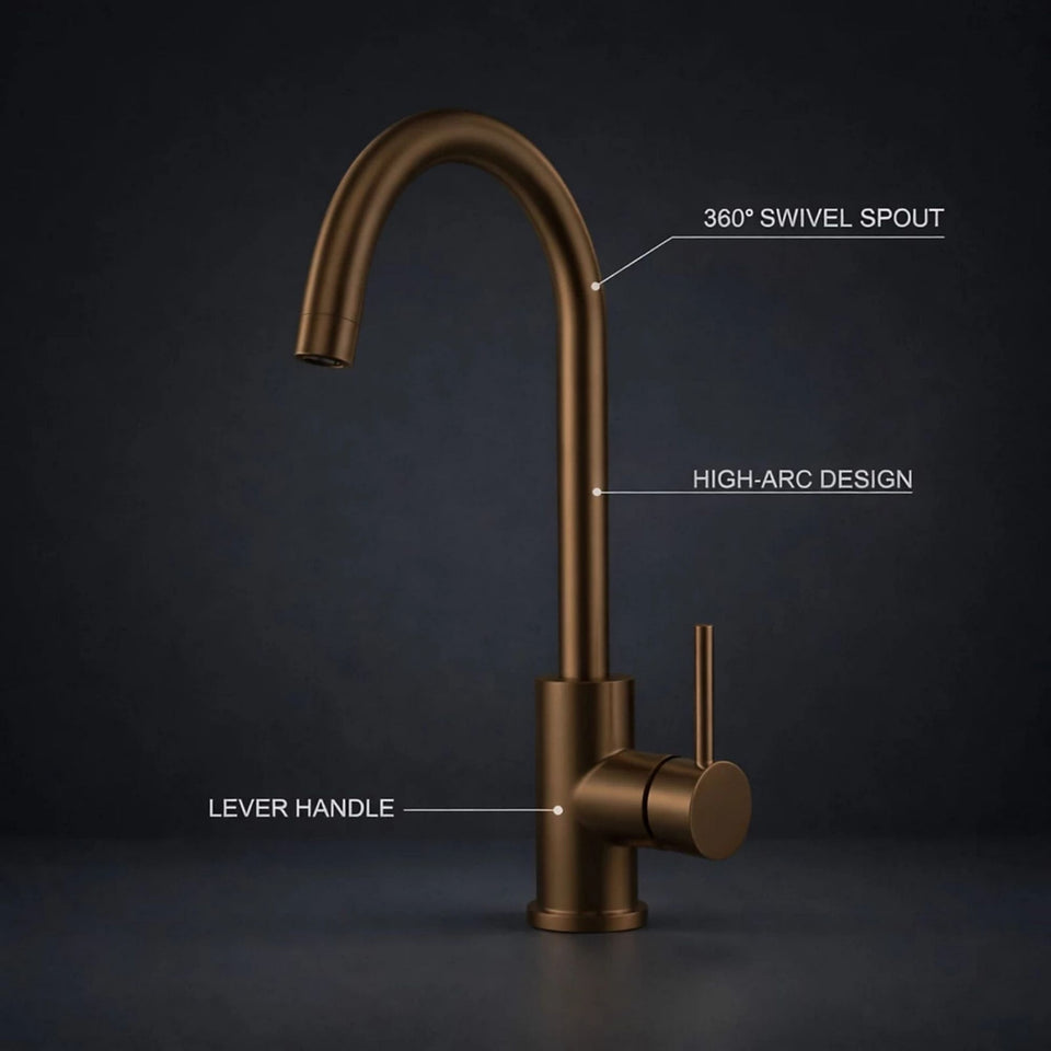 FIVET 1 Hole Kitchen Mixer Tap – Brushed Bronze High Arc Swivel Basin Faucet