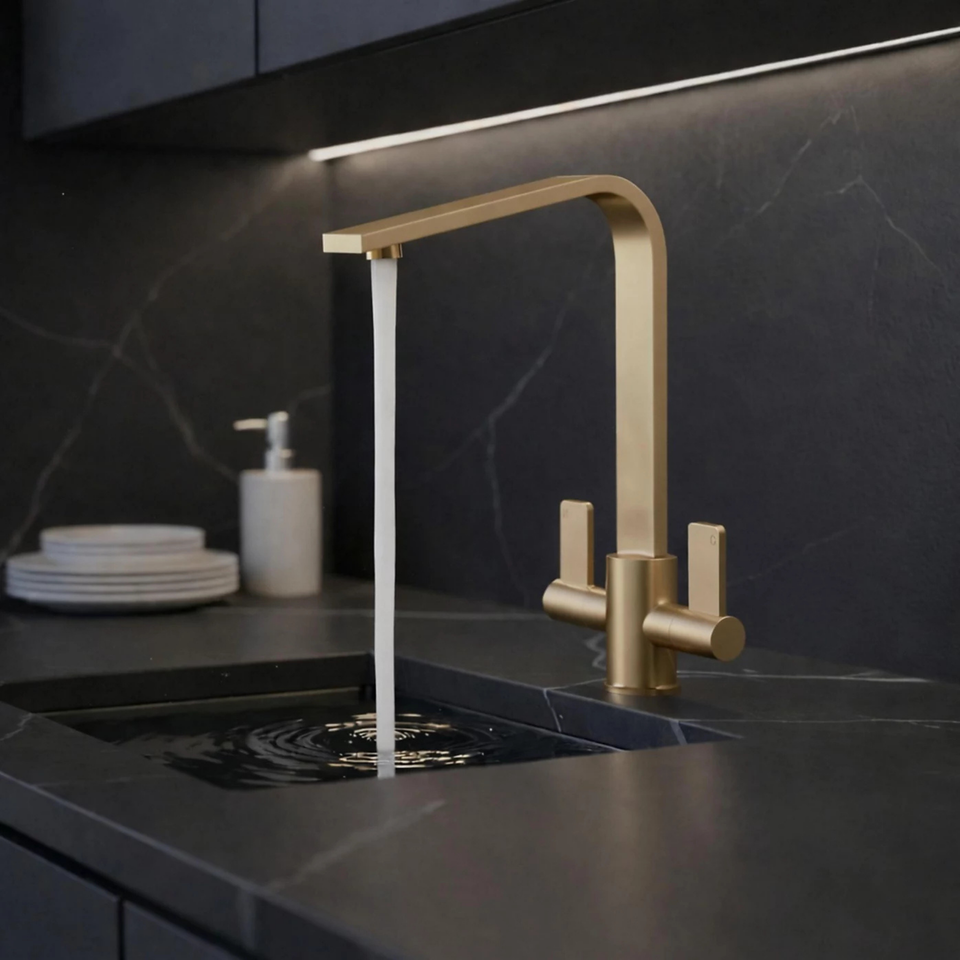 FIVET Kitchen Mixer Tap Brushed Brass – Dual Handle High Arc Rotating Sink Faucet