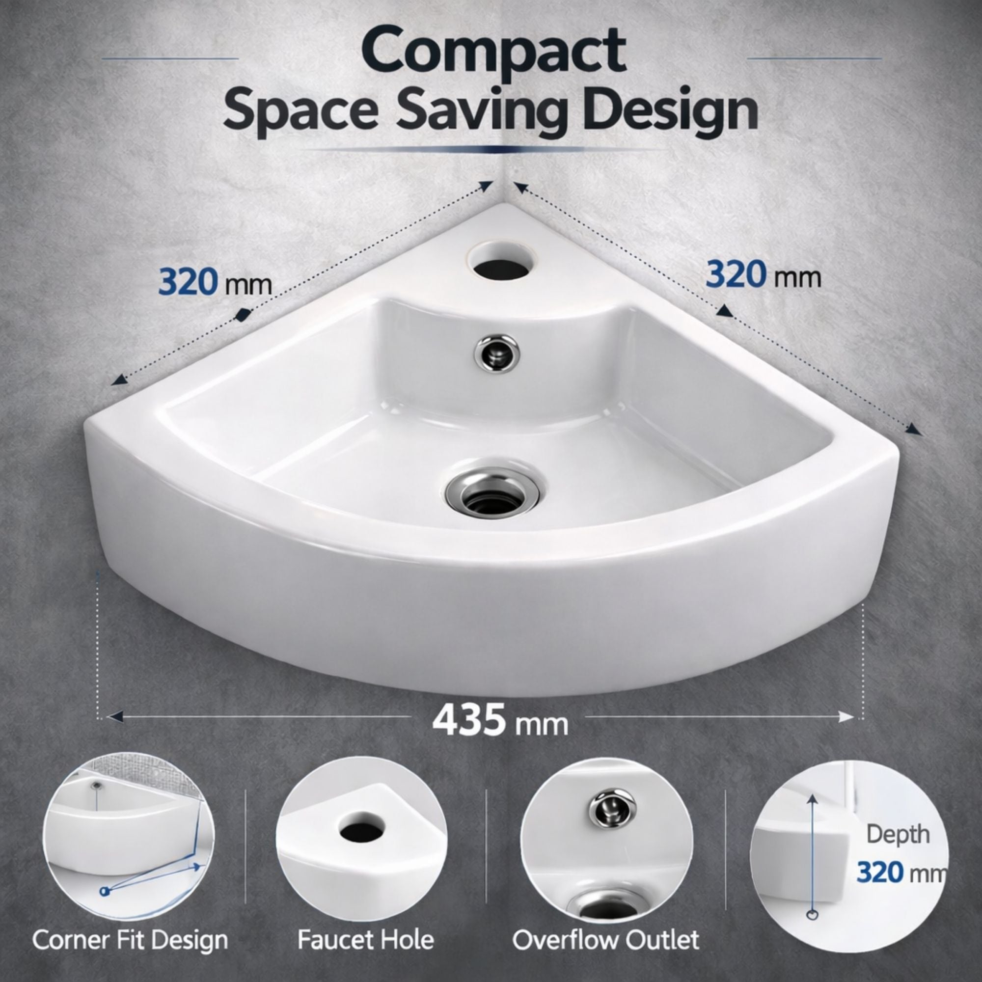FIVET Corner Wall Mounted Basin – 320mm Triangle Cloakroom Sink Compact Design