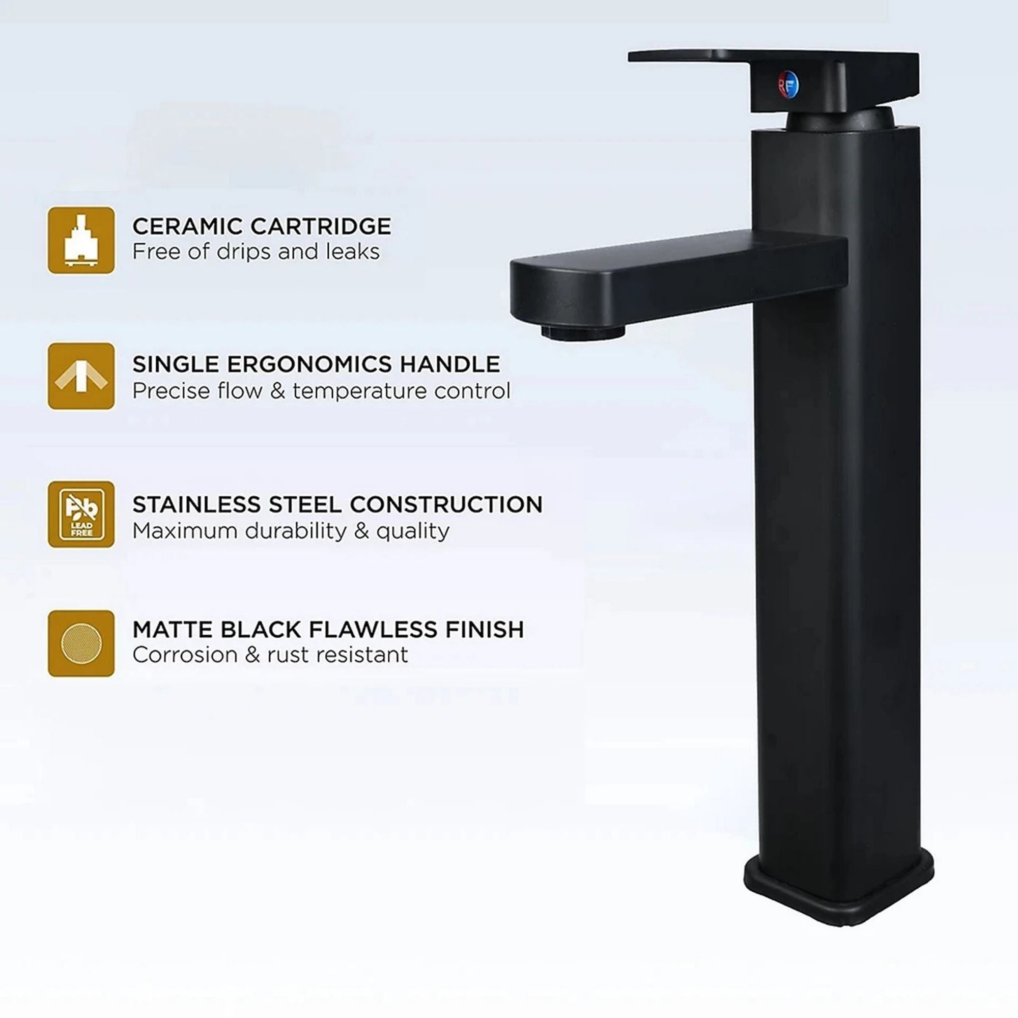 FIVET Matte Black Tall Basin Mixer Tap – 30cm High Rise Sink Faucet