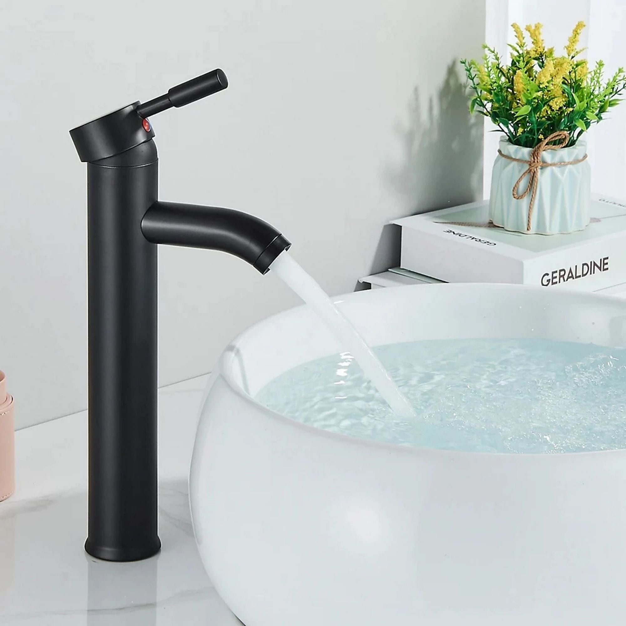 FIVET High Rise Waterfall Basin Mixer Tap – Matte Black 30cm Tall Round Faucet