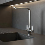 FIVET Kitchen Mixer Tap Brushed Steel – Dual Handle High Arc Rotating Sink Faucet