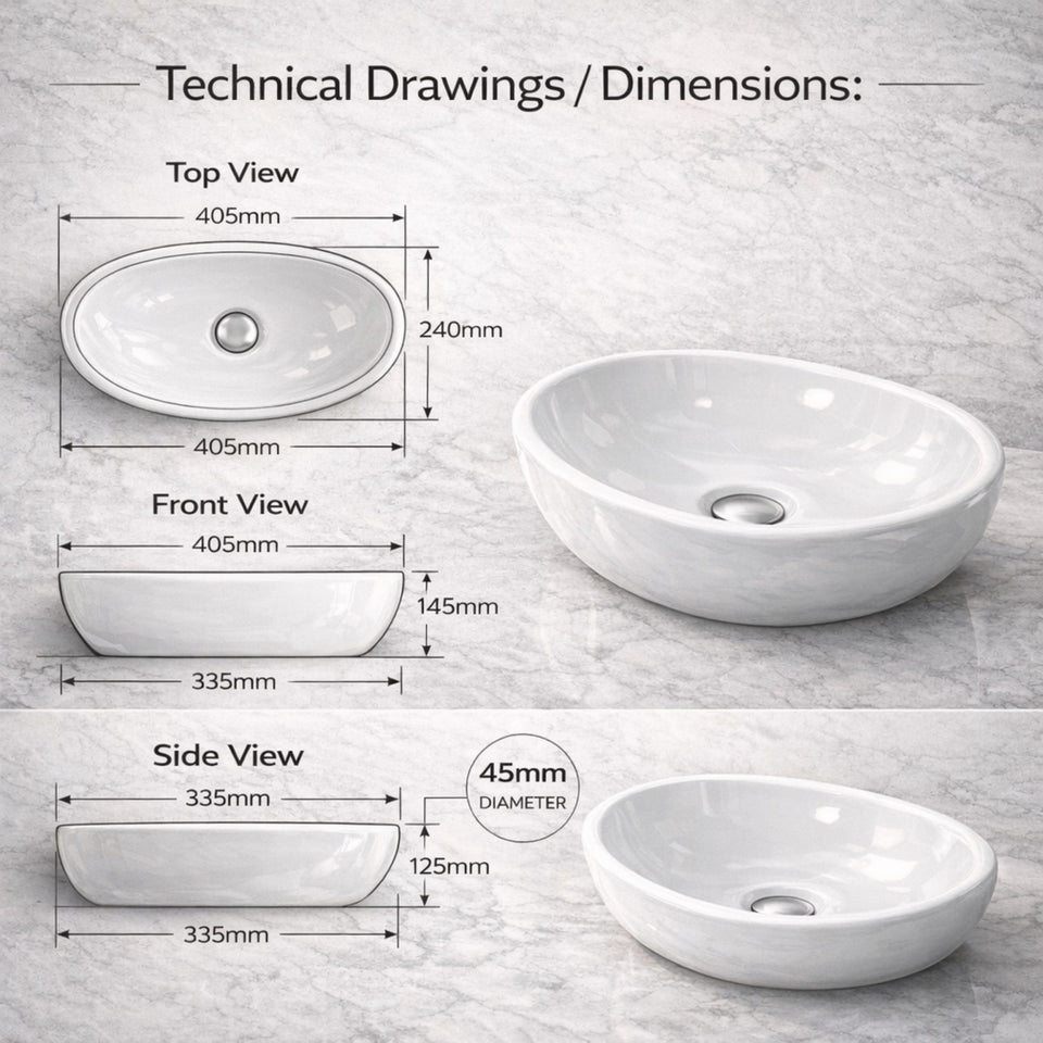 FIVET Ceramic Bathroom Basin – White 410x335mm Countertop Vessel Sink