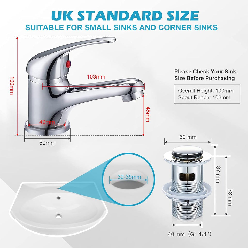 FIVET Chrome Sink Faucet – Mono Mixer Tap with Pop-Up Waste Single Lever Design
