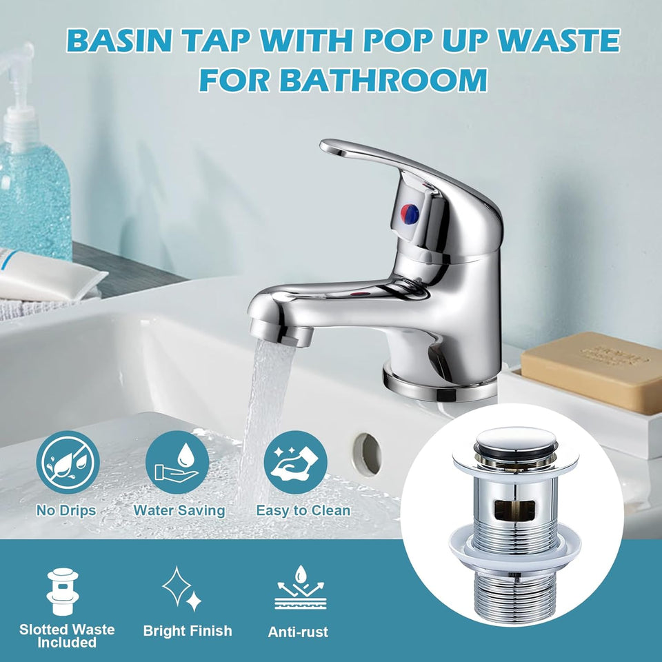 FIVET Chrome Sink Faucet – Mono Mixer Tap with Pop-Up Waste Single Lever Design