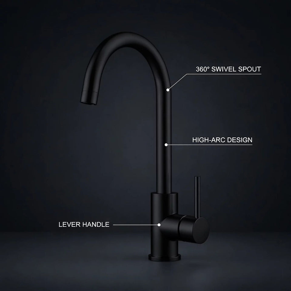 FIVET 1 Hole Kitchen Mixer Tap – Matte Black High Arc Swivel Basin Faucet