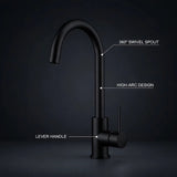 FIVET 1 Hole Kitchen Mixer Tap – Matte Black High Arc Swivel Basin Faucet