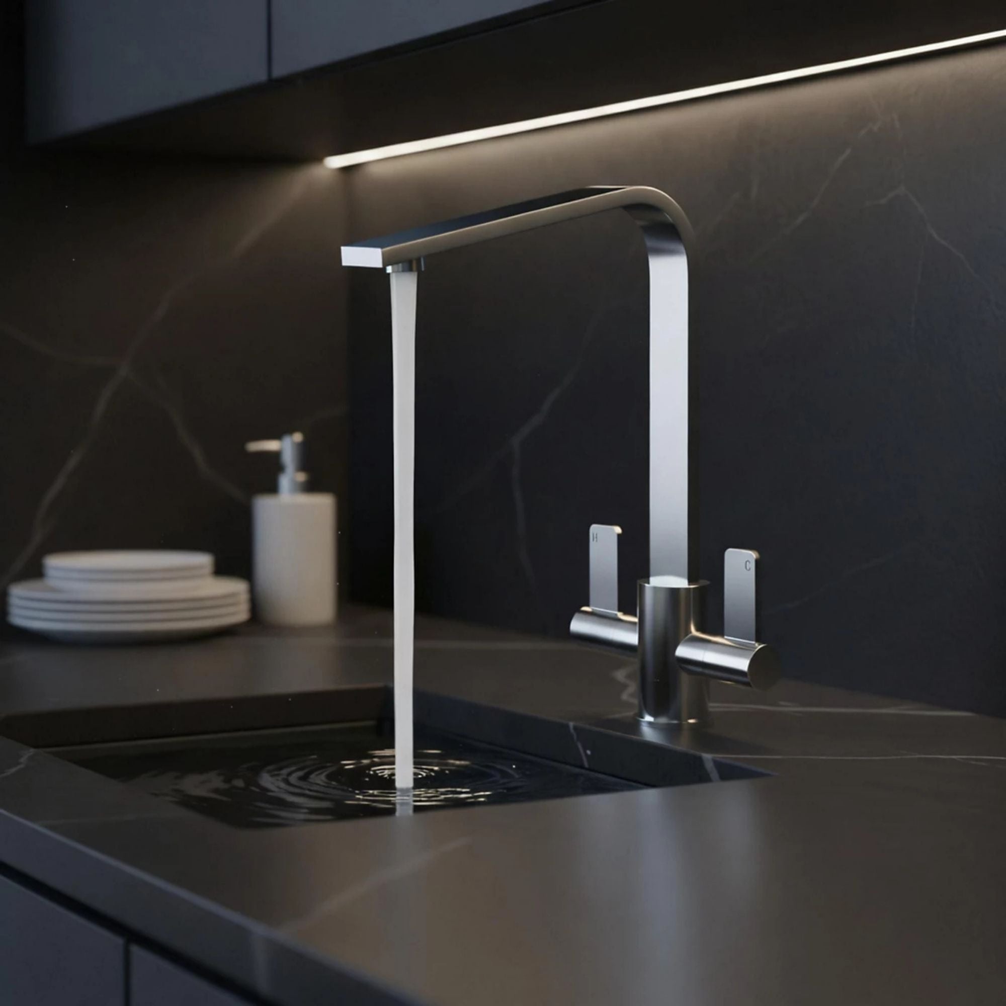 FIVET Kitchen Mixer Tap Brushed Steel – Dual Handle High Arc Rotating Sink Faucet