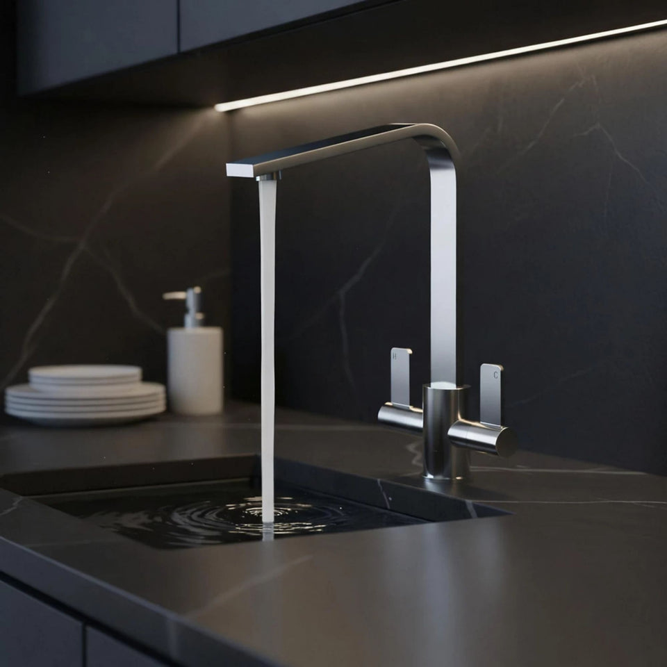 FIVET Kitchen Mixer Tap Brushed Steel – Dual Handle High Arc Rotating Sink Faucet