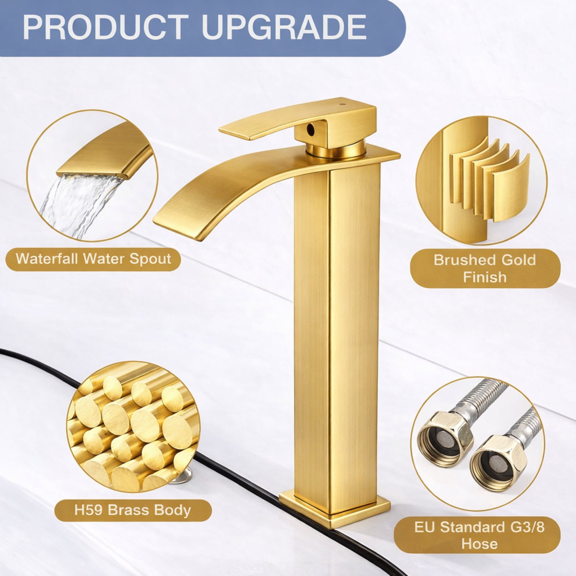 FIVET Tall Basin Mixer Tap Brass – Waterfall Single Lever Bathroom Sink Faucet