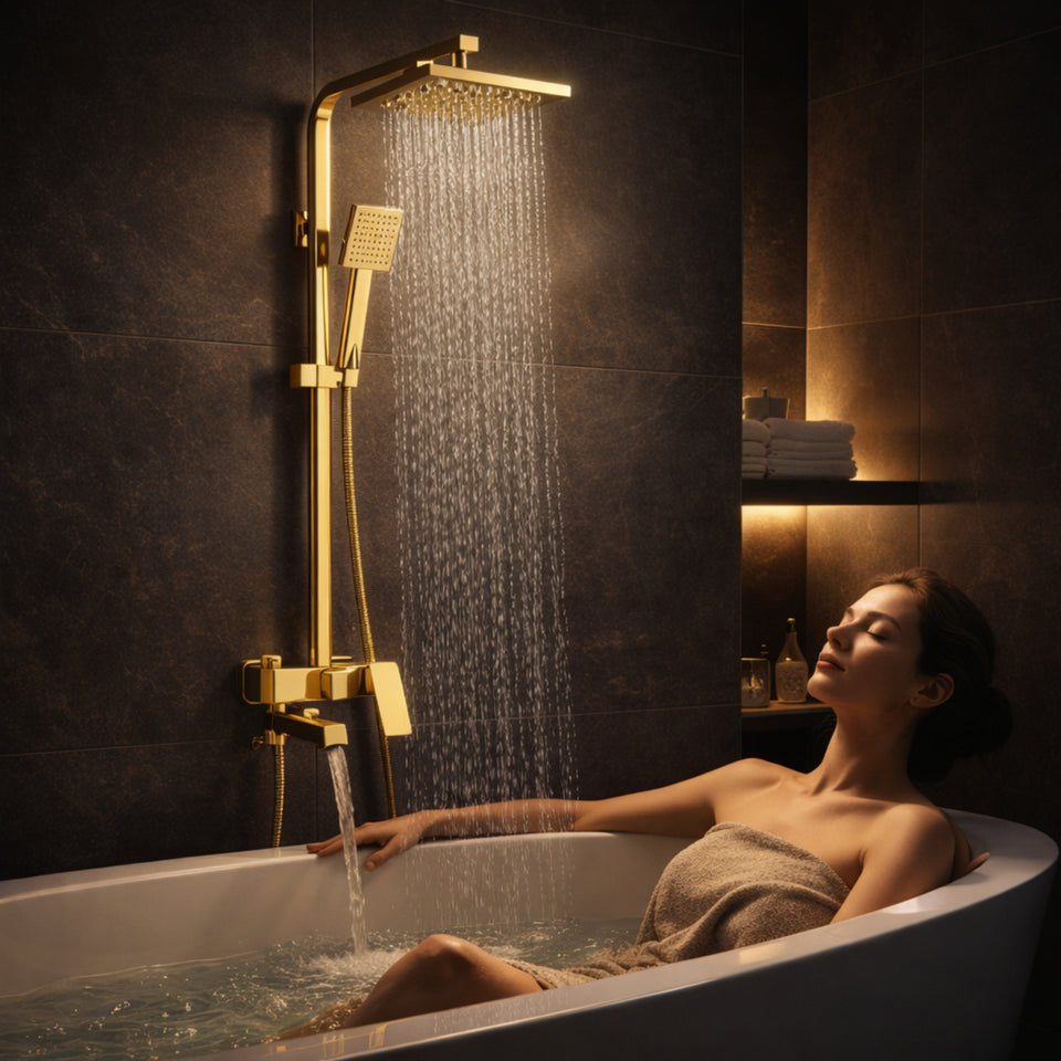 FIVET 3 Way Thermostatic Shower Set – Gold Dual Control Rainfall, Handheld & Tub Spout