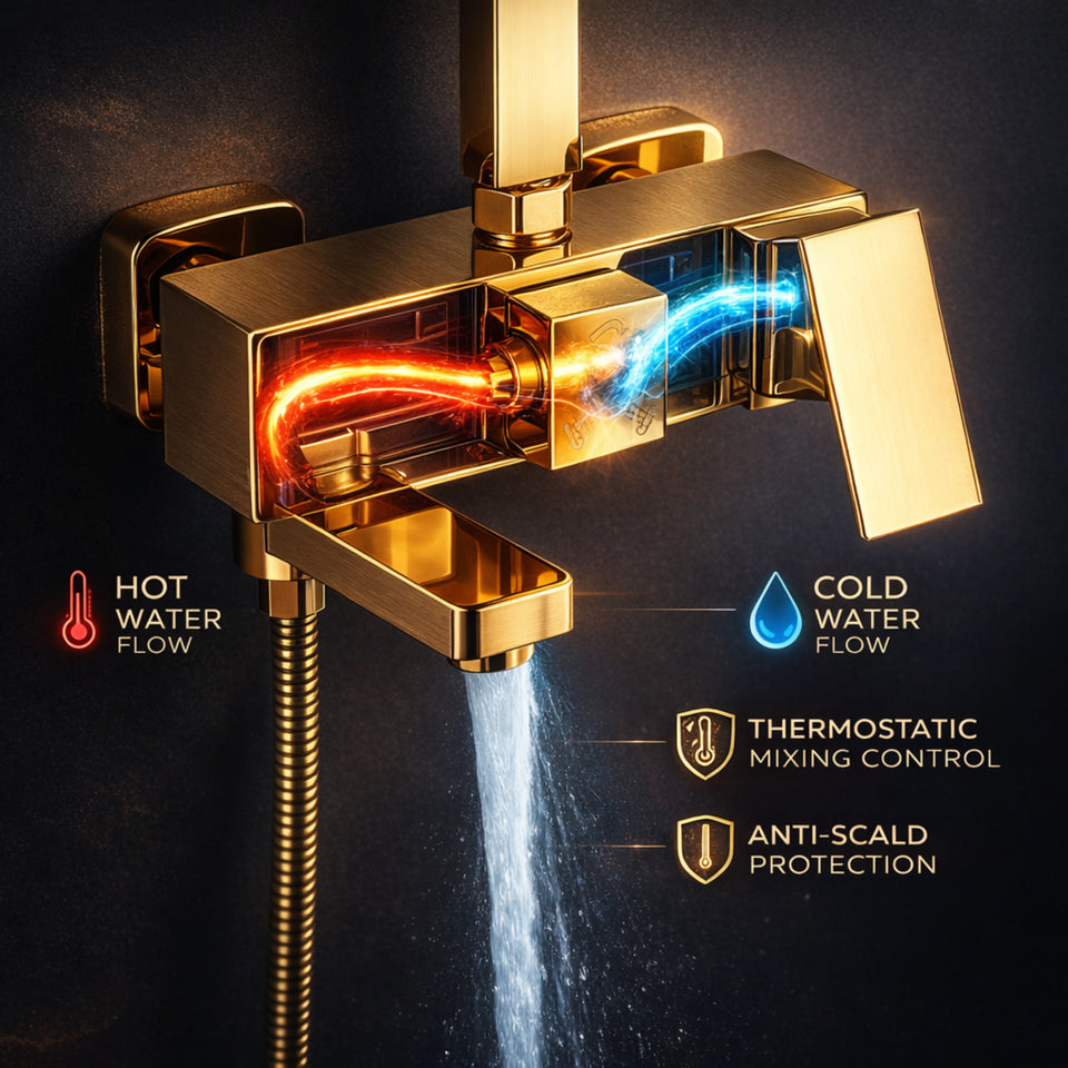 FIVET 3 Way Thermostatic Shower Set – Gold Dual Control Rainfall, Handheld & Tub Spout