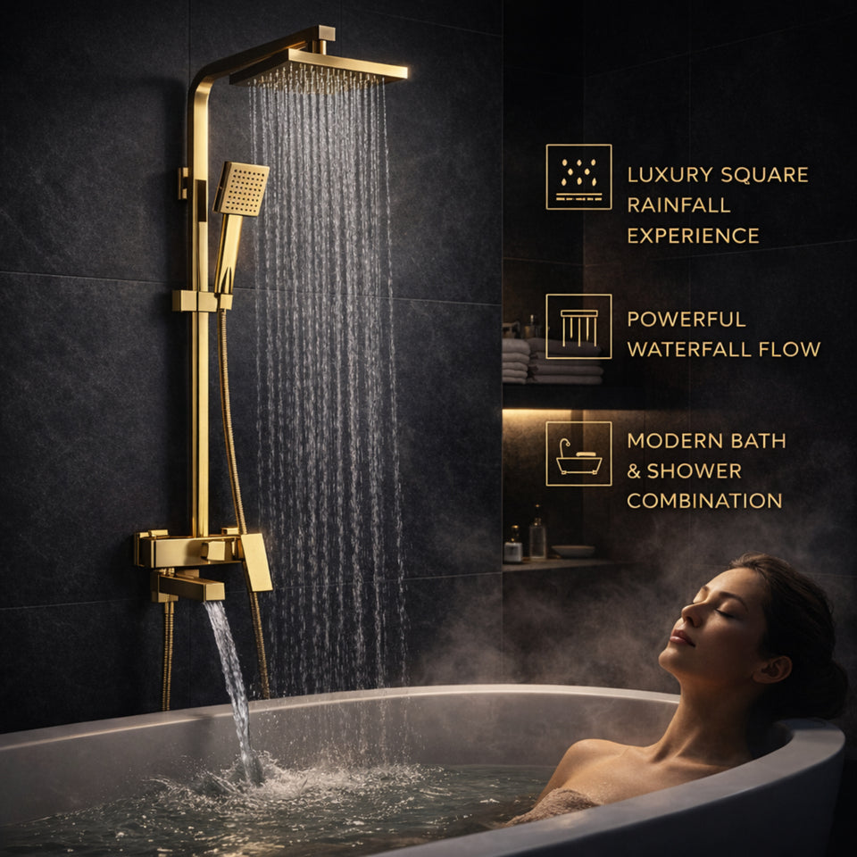 FIVET 3 Way Thermostatic Shower Set – Gold Dual Control Rainfall, Handheld & Tub Spout