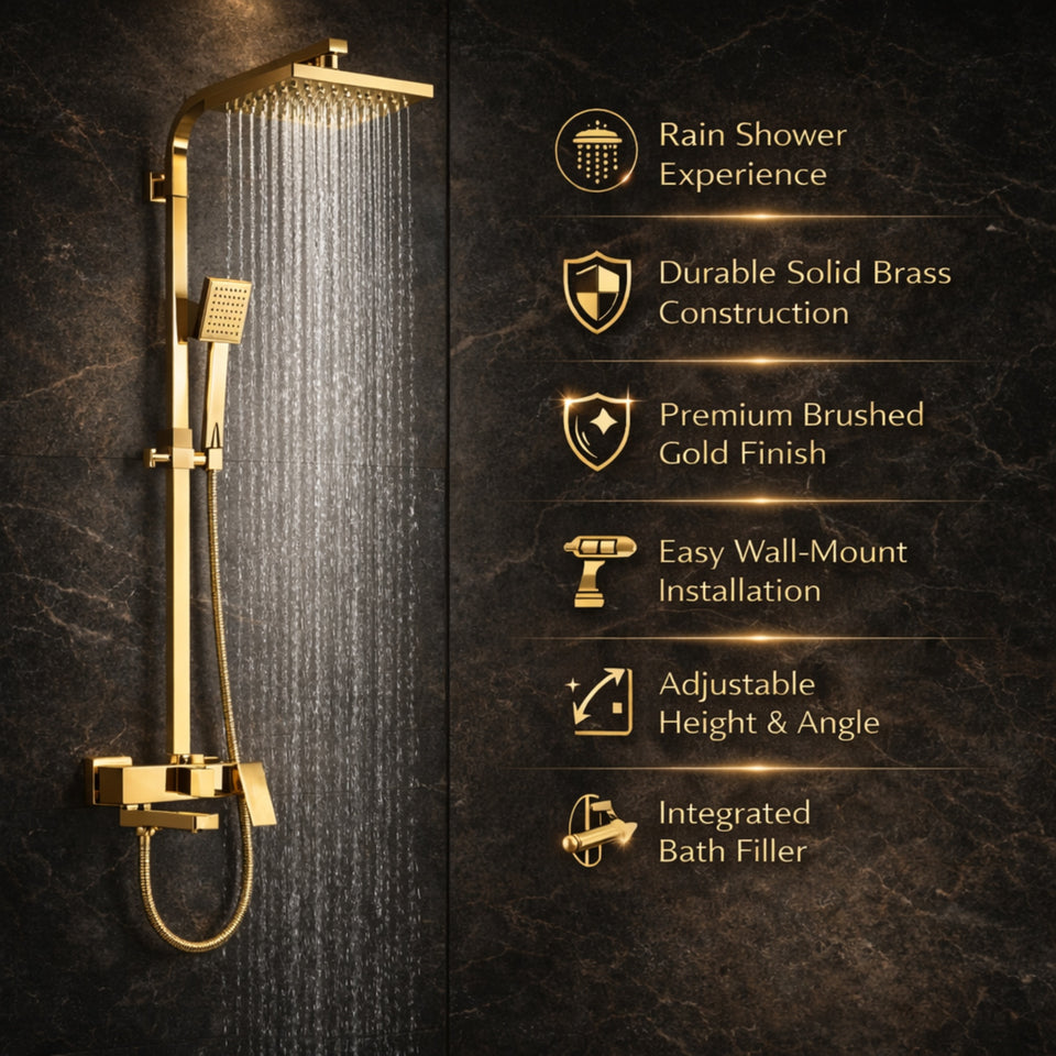 FIVET 3 Way Thermostatic Shower Set – Gold Dual Control Rainfall, Handheld & Tub Spout