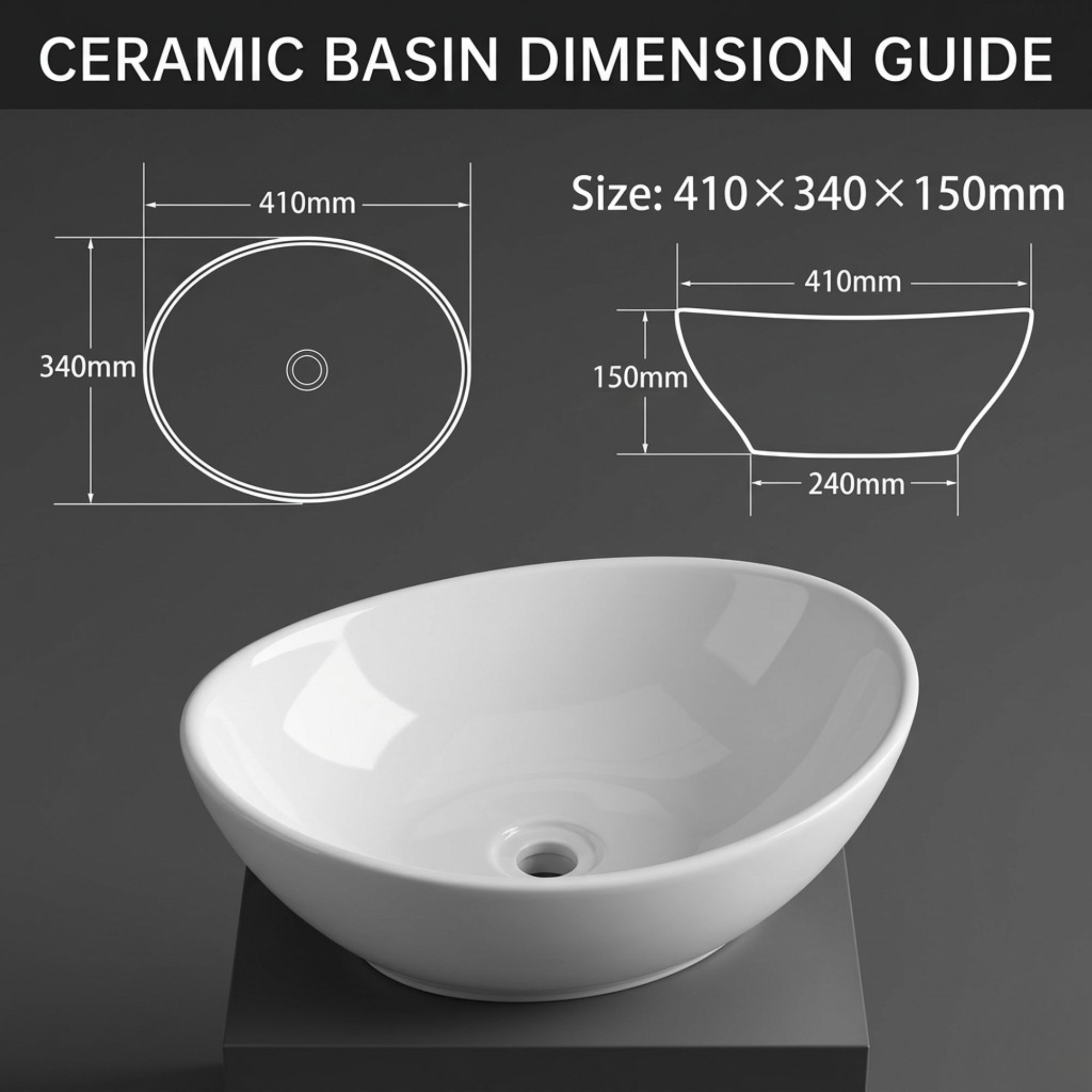 FIVET Ceramic Countertop Basin – White Vessel Sink 410x335mm Bathroom Vanity
