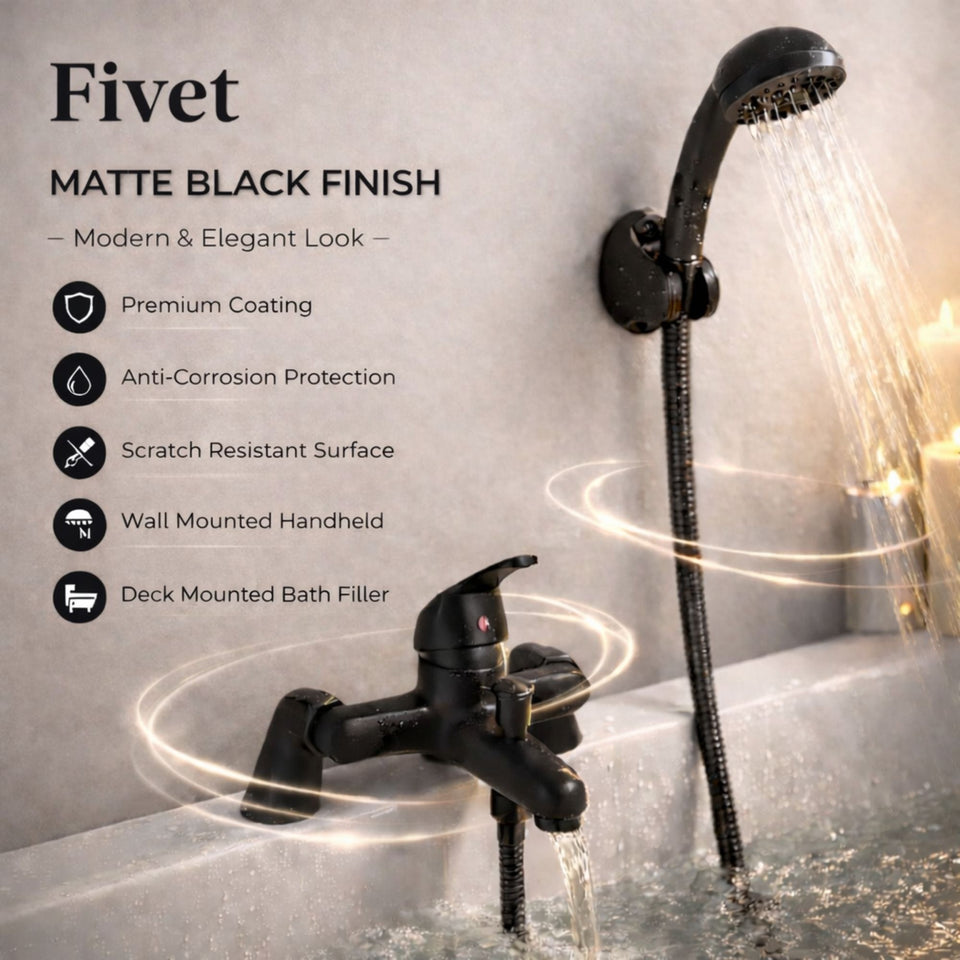 FIVET Deck Mounted Bath Mixer Tap – Matte Black Bath Filler with Handheld Shower Spray