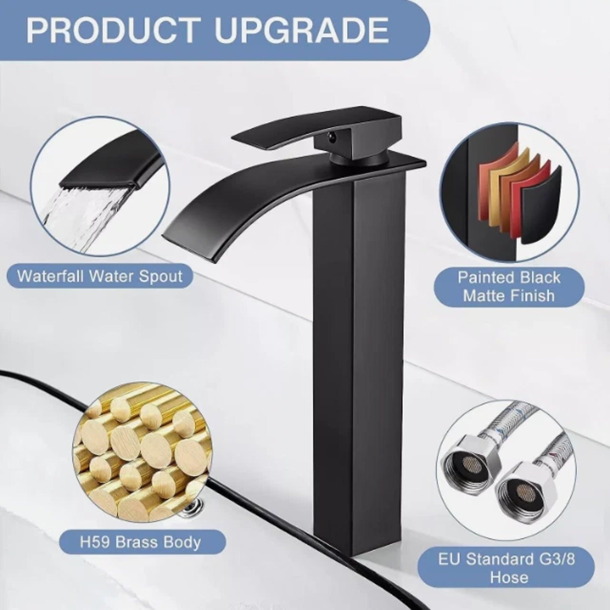 FIVET Tall Basin Mixer Tap Black – Waterfall Single Lever Bathroom Sink Faucet