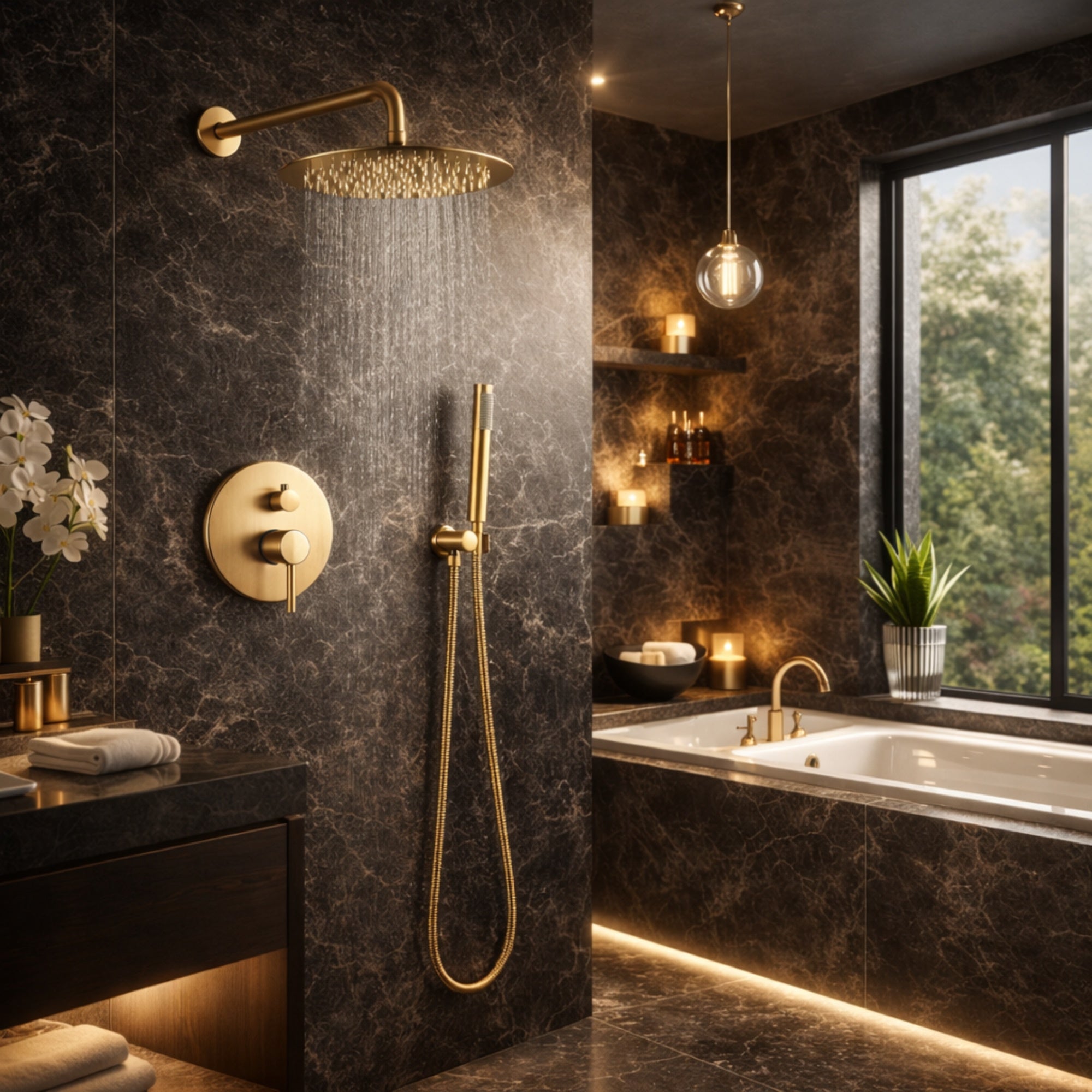 FIVET Thermostatic Shower System 2 Way – Brushed Gold Rainfall Head & Handheld Mixer Set