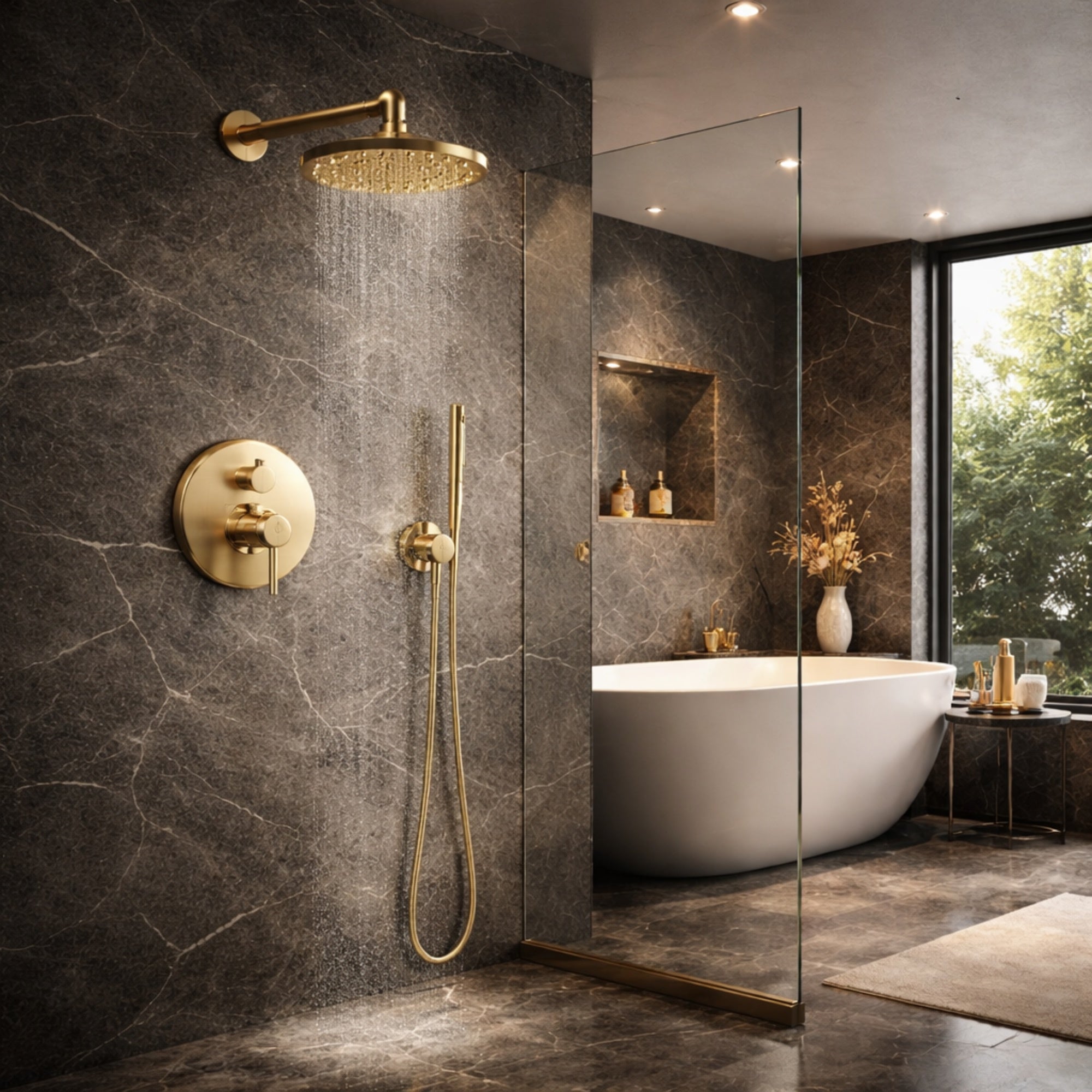 FIVET Thermostatic Shower System 2 Way – Brushed Gold Rainfall Head & Handheld Mixer Set