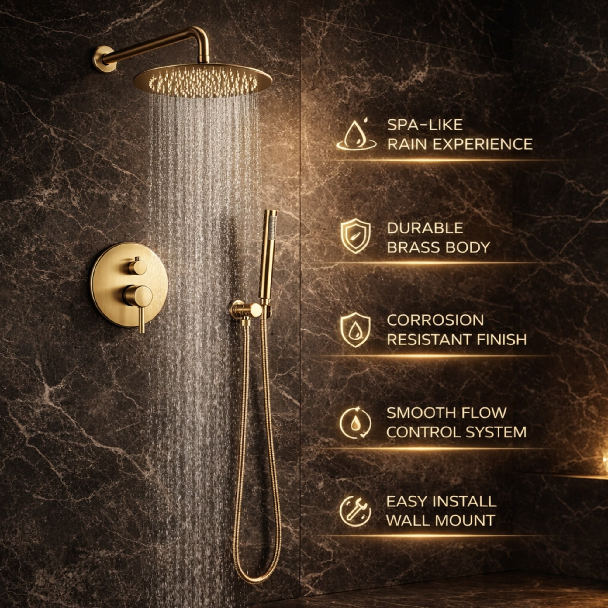 FIVET Thermostatic Shower System 2 Way – Brushed Gold Rainfall Head & Handheld Mixer Set