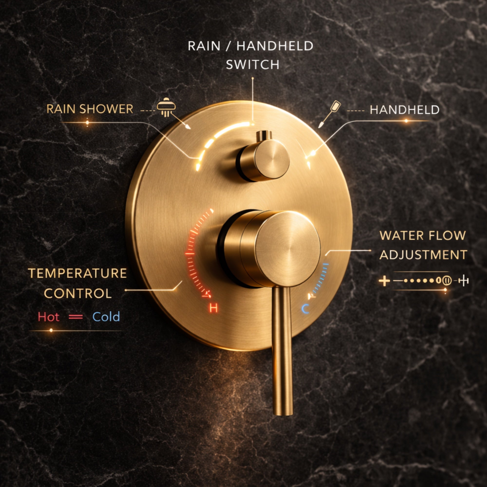FIVET Thermostatic Shower System 2 Way – Brushed Gold Rainfall Head & Handheld Mixer Set
